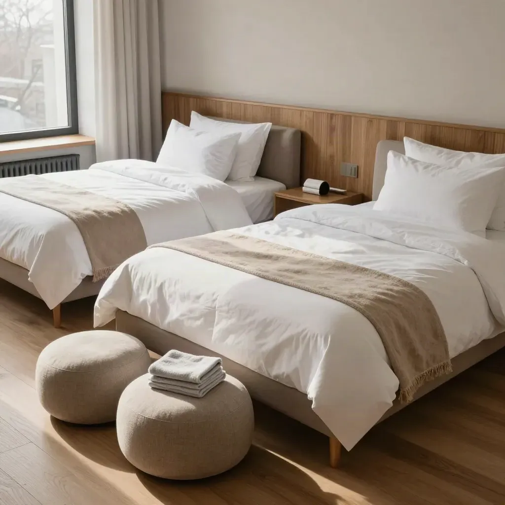 Crisp Copenhagen family suite with twin beds, sofa, poufs and folded towels in soft winter light.