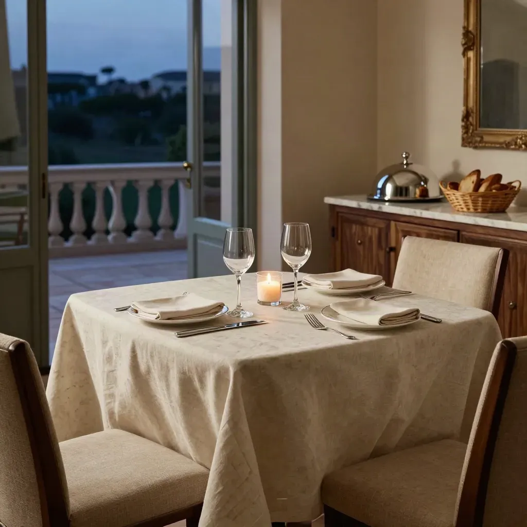 Boutique hotel dinner table for two with marble sideboard, candlelight, and terrace dusk.